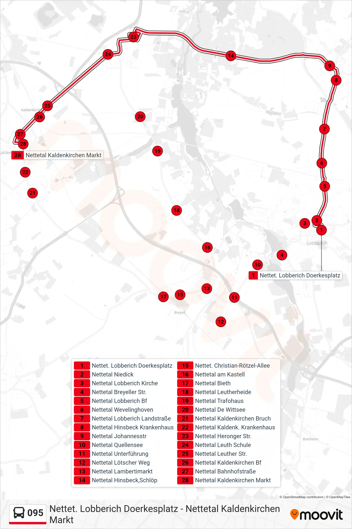 095 bus Line (Nettetal Kaldenkirchen Markt) route and stops on a map