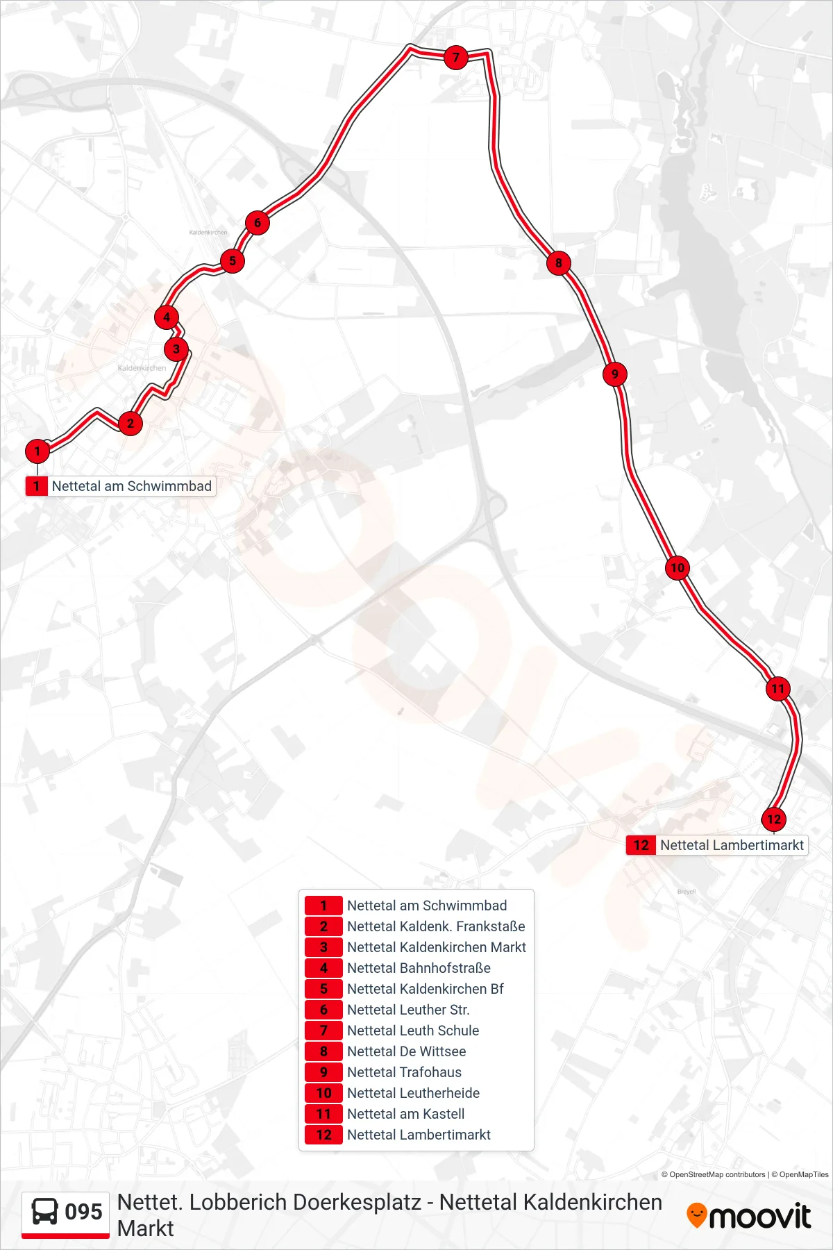 095 bus Line (Nettetal Lambertimarkt) route and stops on a map