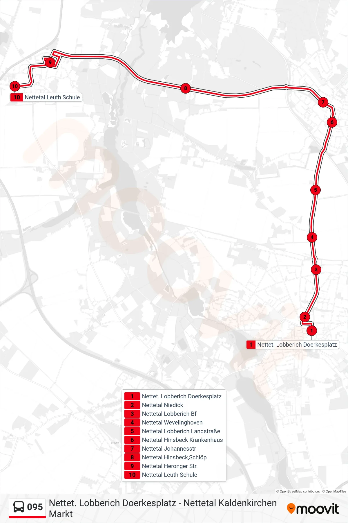 095 bus Line (Nettetal Leuth Schule) route and stops on a map