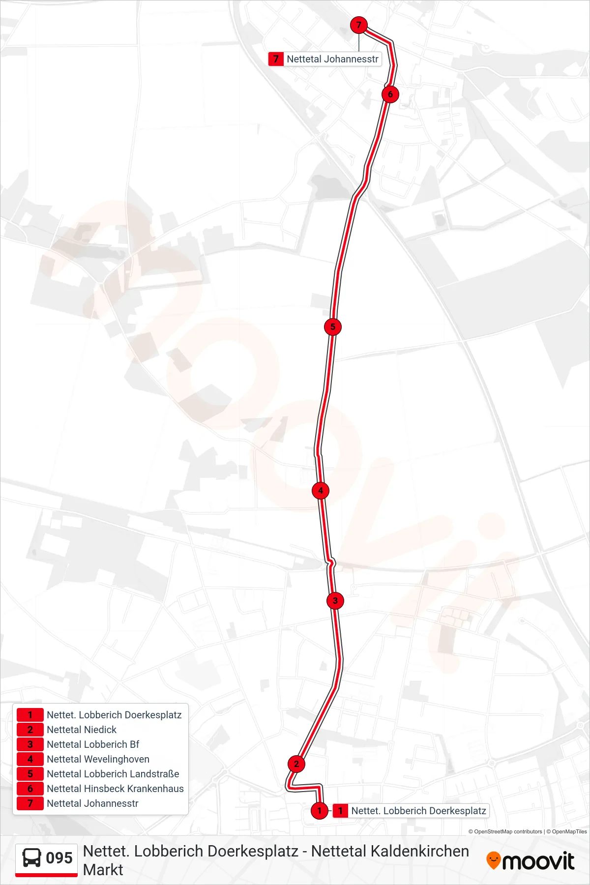 095 bus Line (Nettetal Johannesstr) route and stops on a map