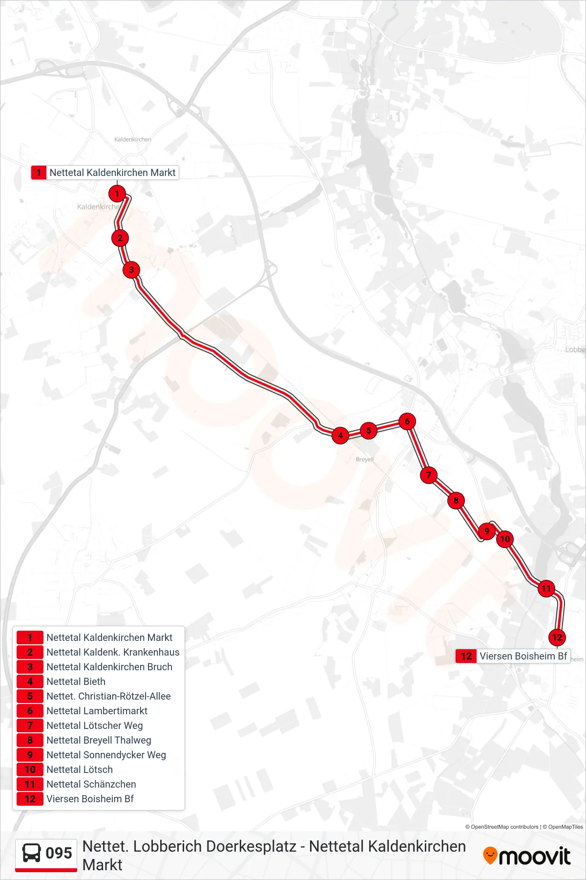 095 bus Line (Viersen Boisheim Bf) route and stops on a map