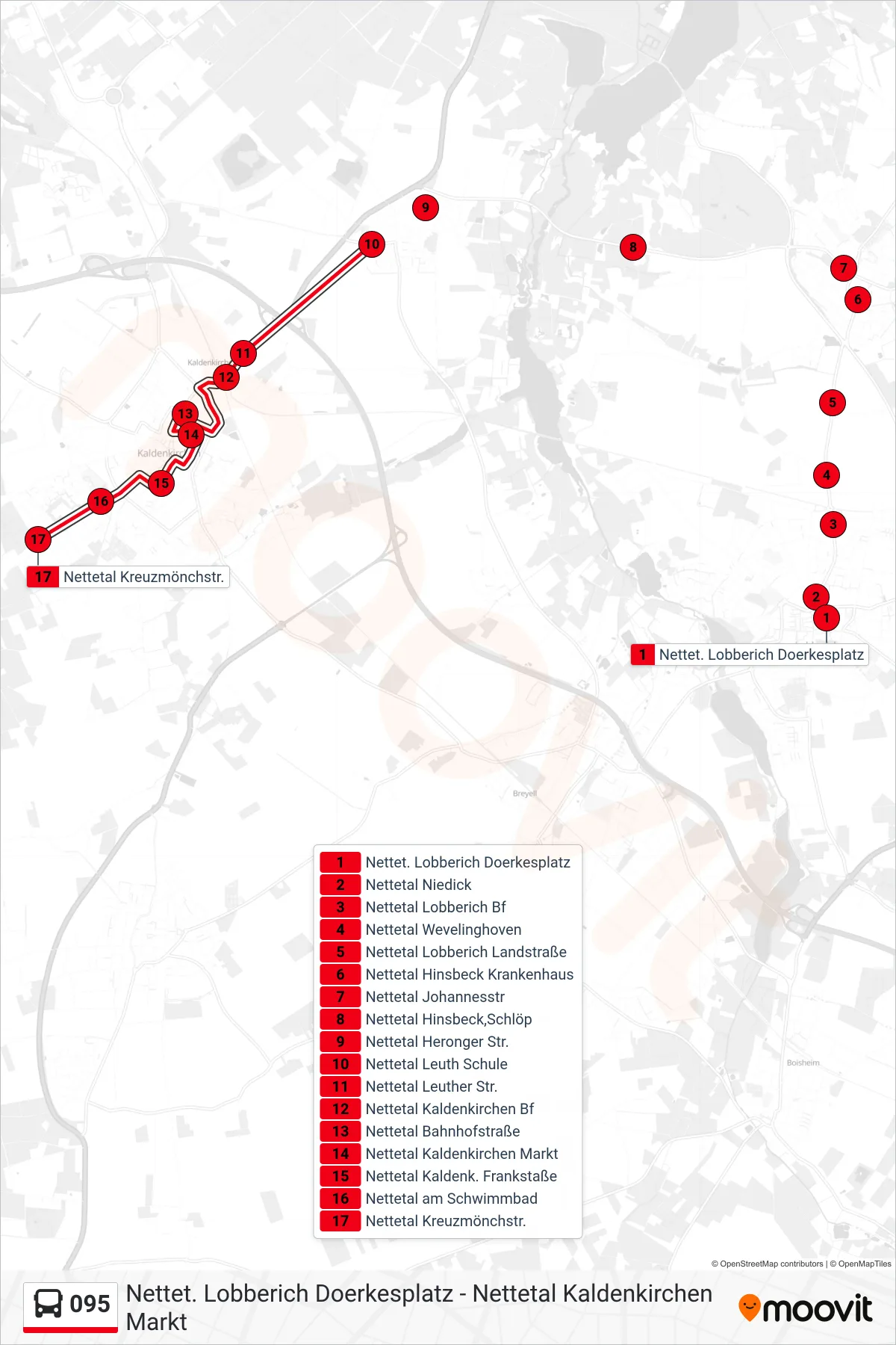 095 bus Line (Nettetal Kreuzmönchstr.) route and stops on a map