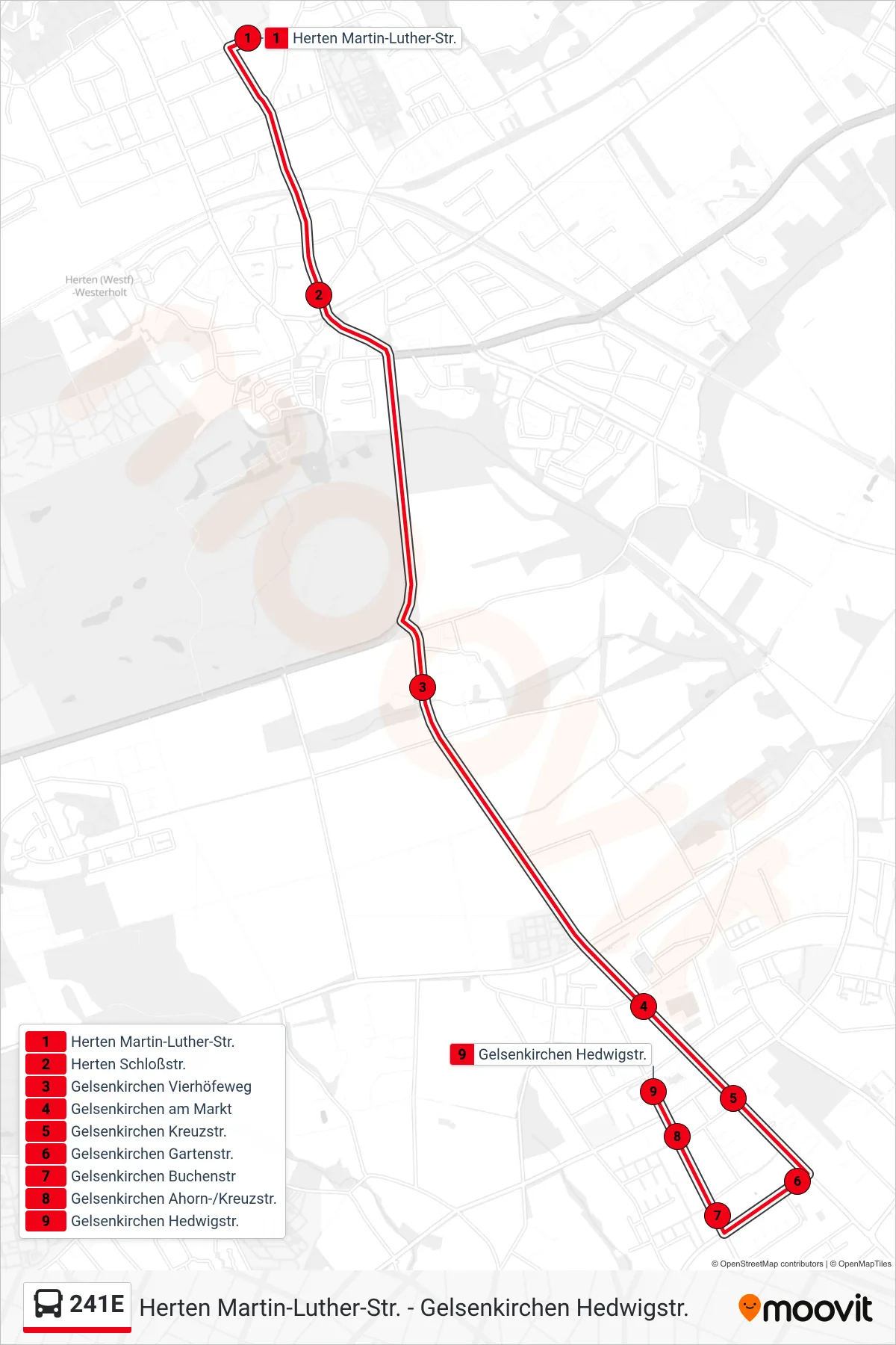 Linie 241E (Bus) Richtung Gelsenkirchen Hedwigstr.: Route und Haltestellen auf der Karte