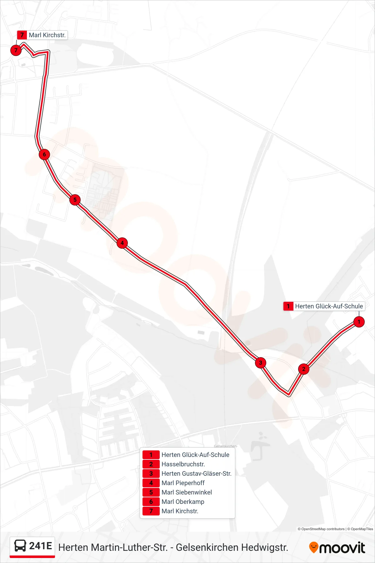 241E bus Line (Marl Kirchstr.) route and stops on a map