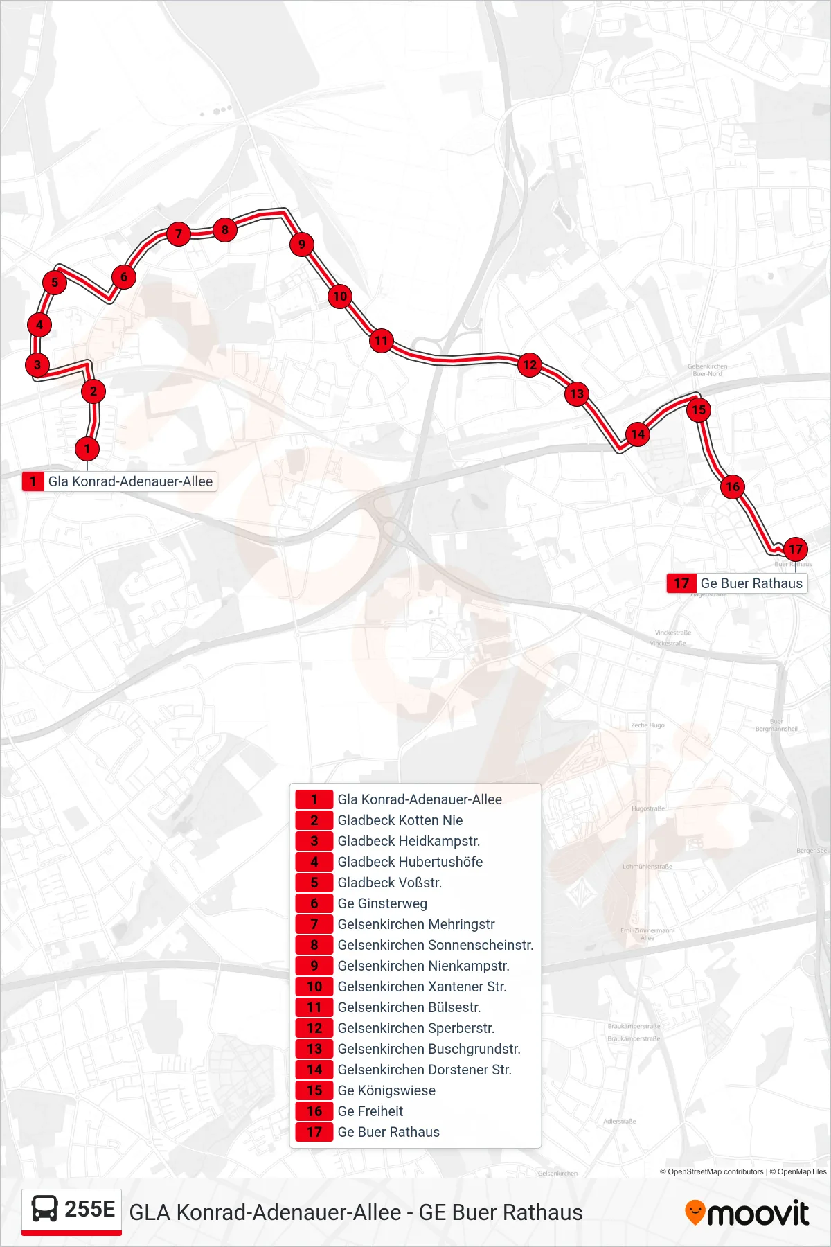 Linie 255E (Bus) Richtung Ge Buer Rathaus: Route und Haltestellen auf der Karte