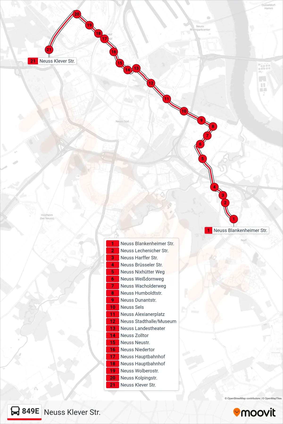 Linie 849E (Bus) Richtung Neuss Klever Str.: Route und Haltestellen auf der Karte
