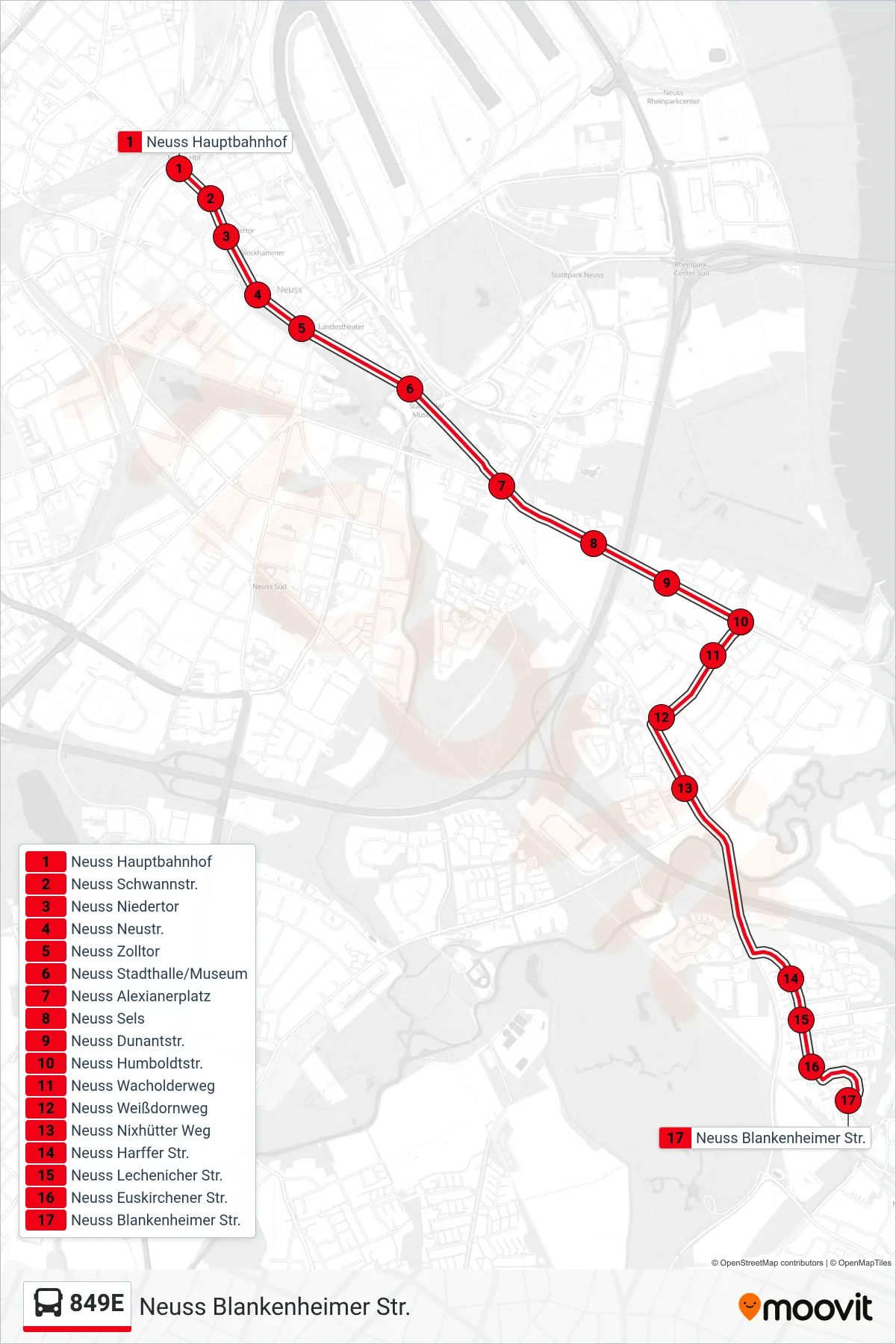 Linie 849E (Bus) Richtung Neuss Blankenheimer Str.: Route und Haltestellen auf der Karte