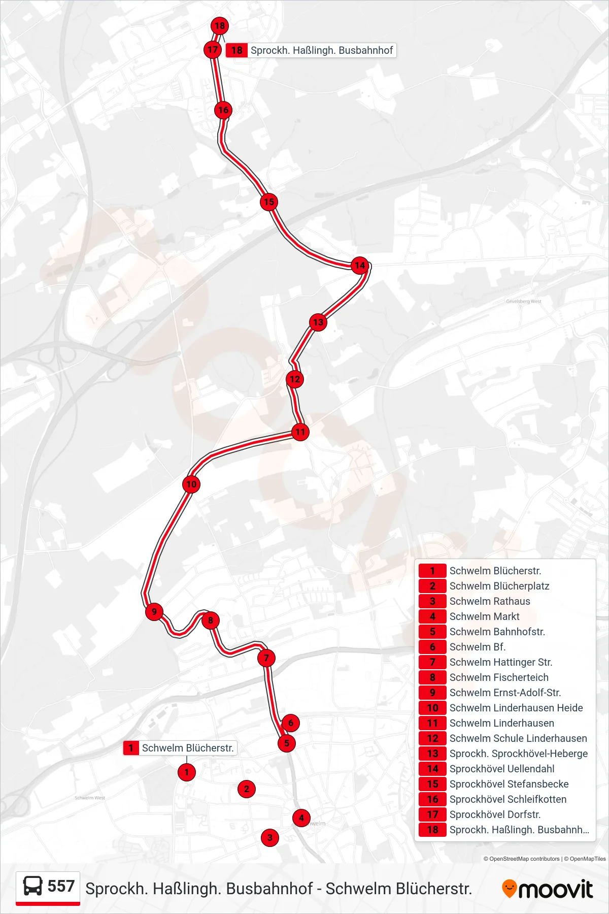 Linie 557 (Bus) Richtung Sprockh. Haßlingh. Busbahnhof: Route und Haltestellen auf der Karte