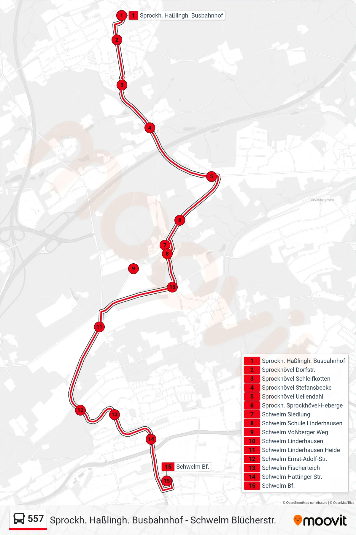 Linie 557 (Bus) Richtung Schwelm Bf.: Route und Haltestellen auf der Karte