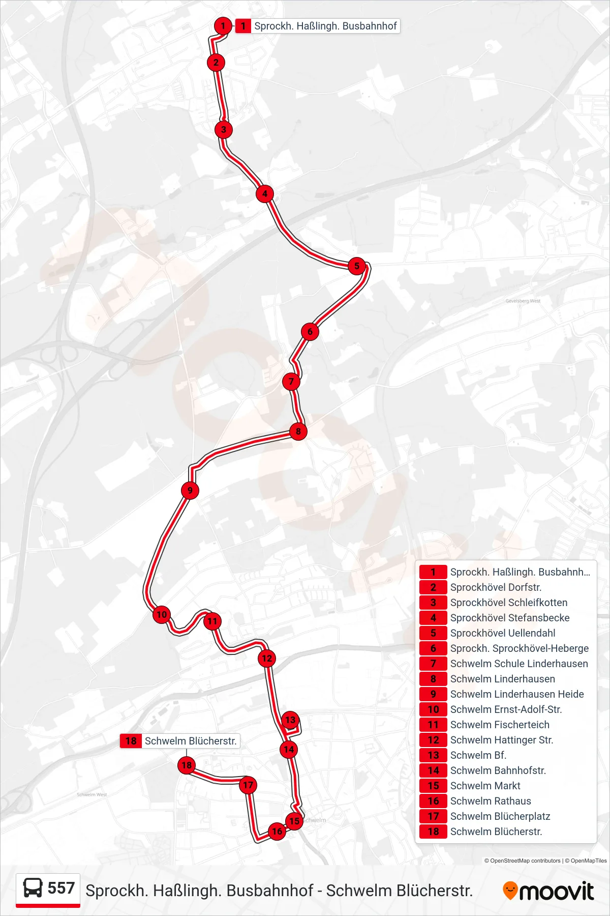 Linie 557 (Bus) Richtung Schwelm Blücherstr.: Route und Haltestellen auf der Karte