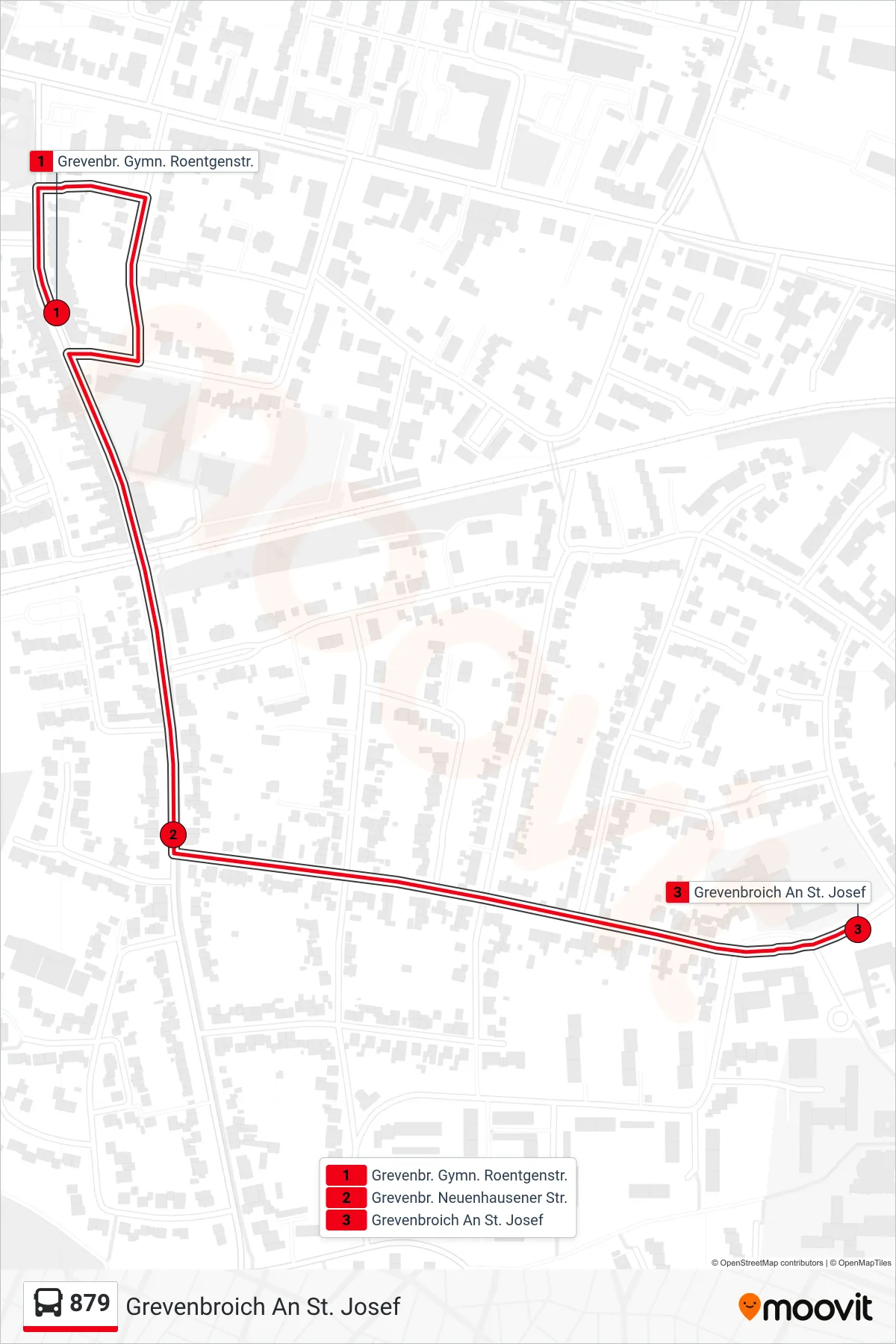 Linie 879 (Bus) Richtung Grevenbroich An St. Josef: Route und Haltestellen auf der Karte