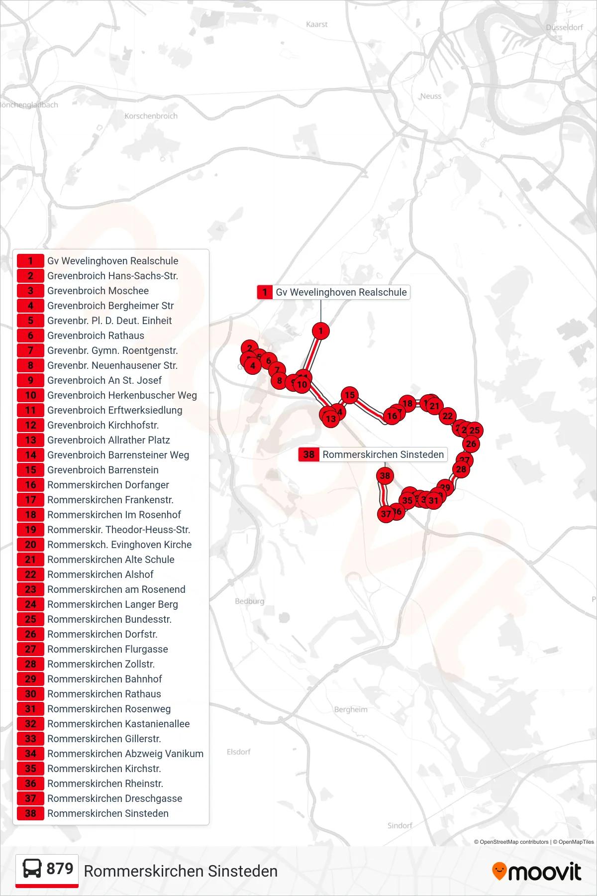 879 bus Line (Rommerskirchen Sinsteden) route and stops on a map