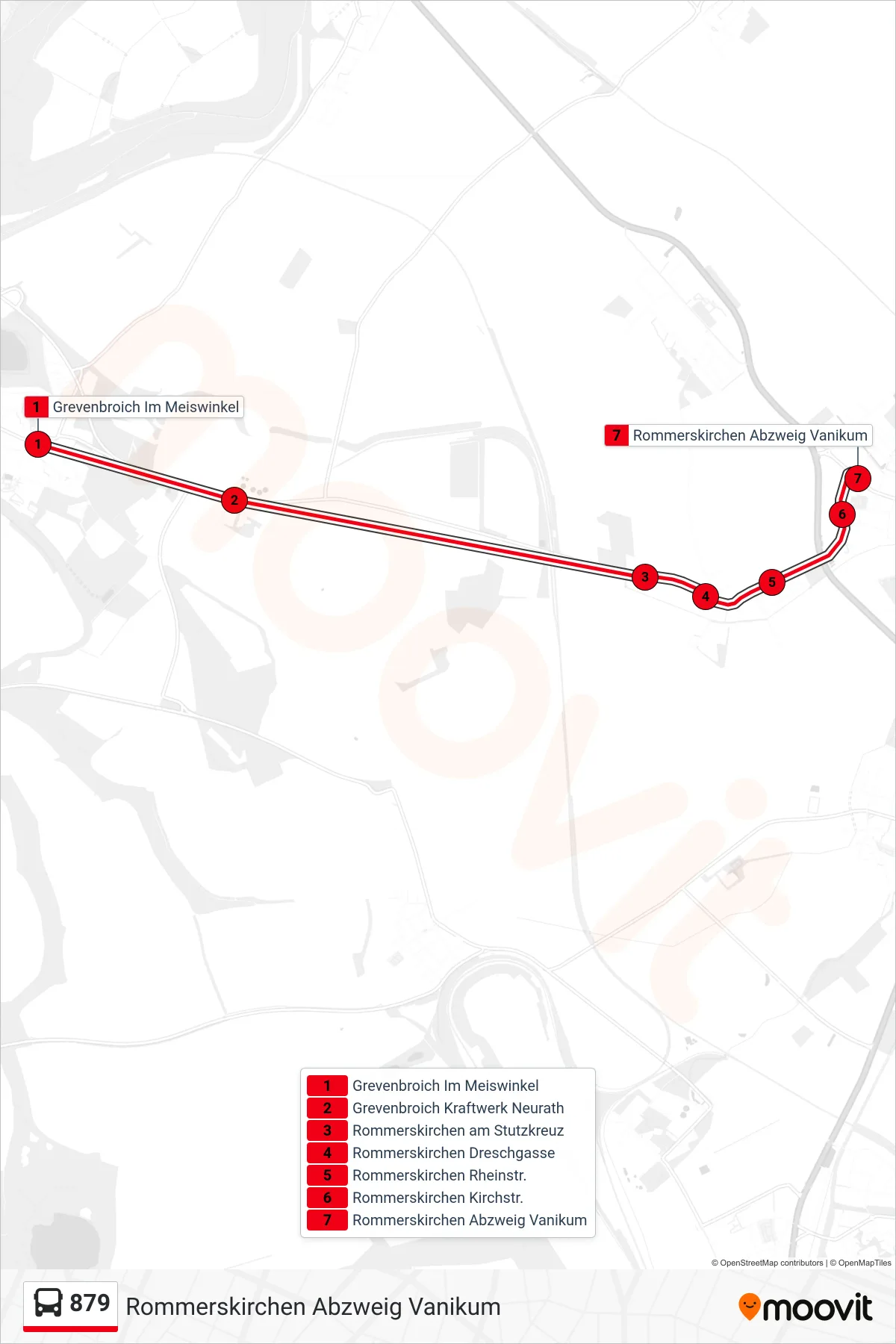 Linie 879 (Bus) Richtung Rommerskirchen Abzweig Vanikum: Route und Haltestellen auf der Karte
