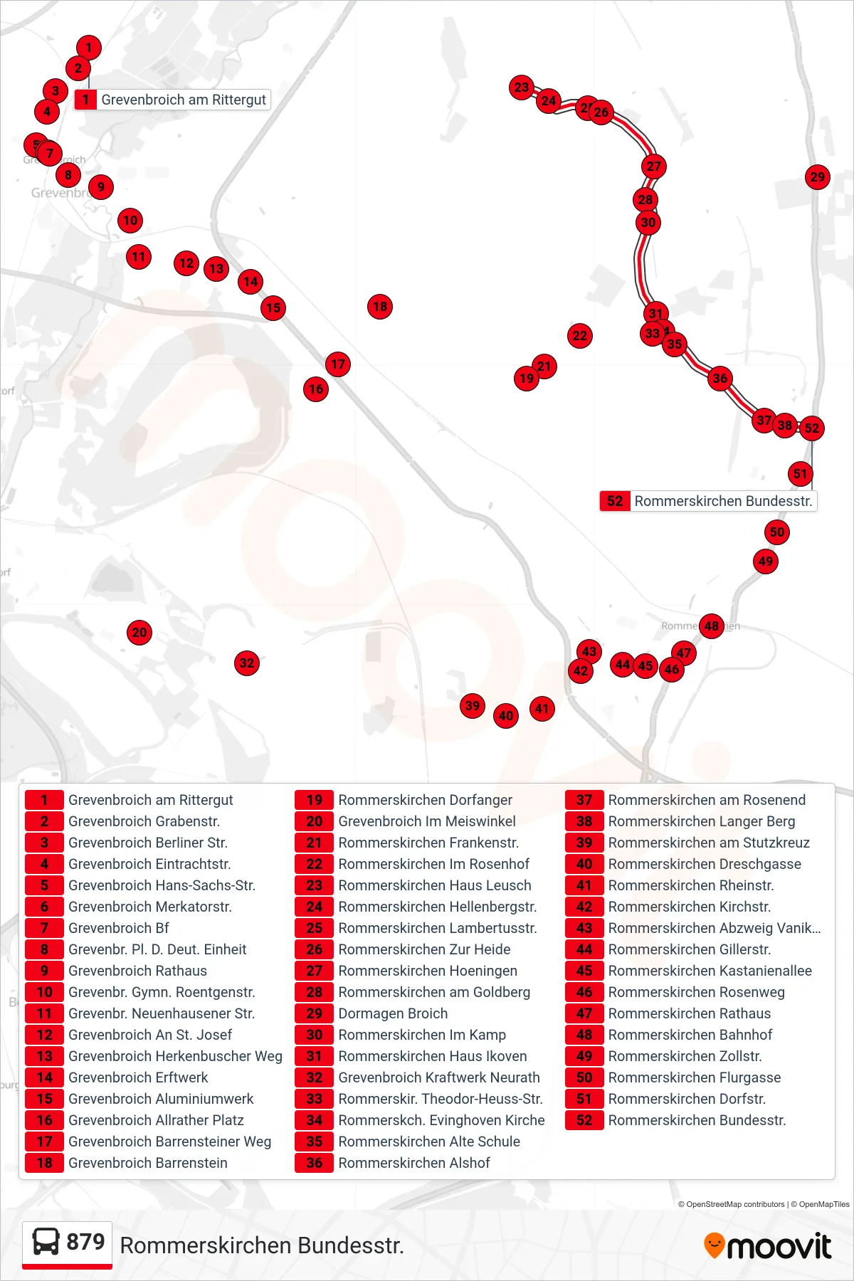 Linie 879 (Bus) Richtung Rommerskirchen Bundesstr.: Route und Haltestellen auf der Karte
