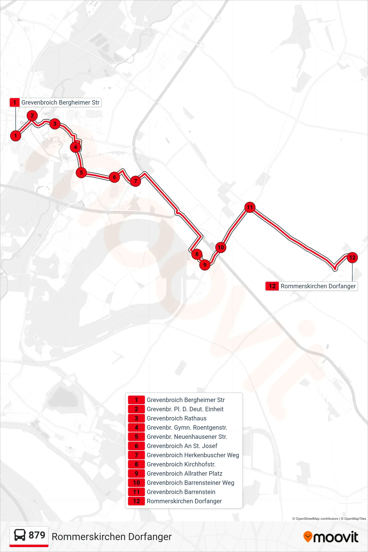 879 bus Line (Rommerskirchen Dorfanger) route and stops on a map
