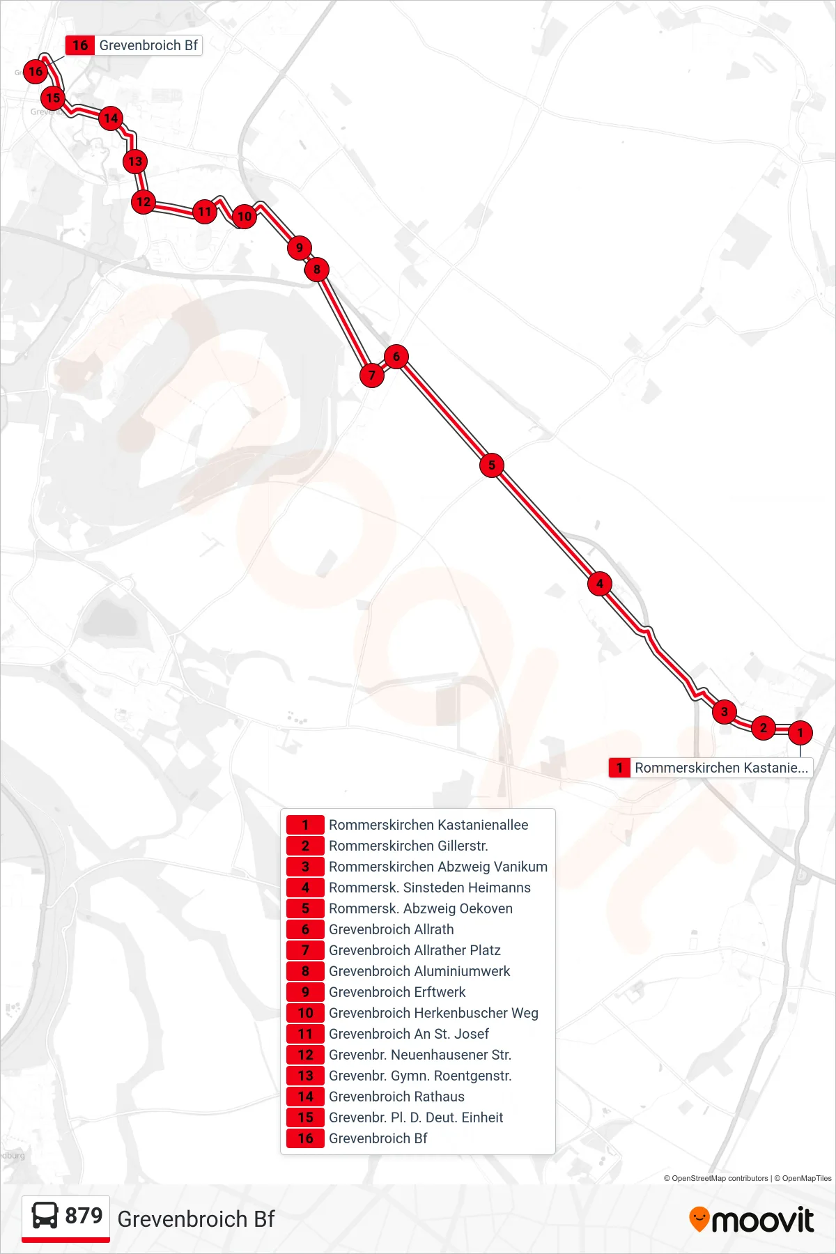 Linie 879 (Bus) Richtung Grevenbroich Bf: Route und Haltestellen auf der Karte