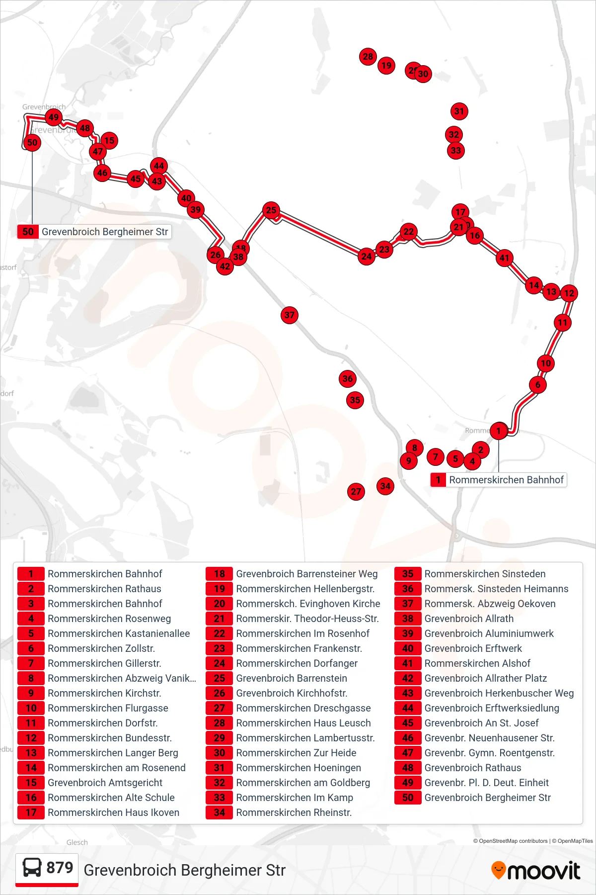 Linie 879 (Bus) Richtung Grevenbroich Bergheimer Str: Route und Haltestellen auf der Karte