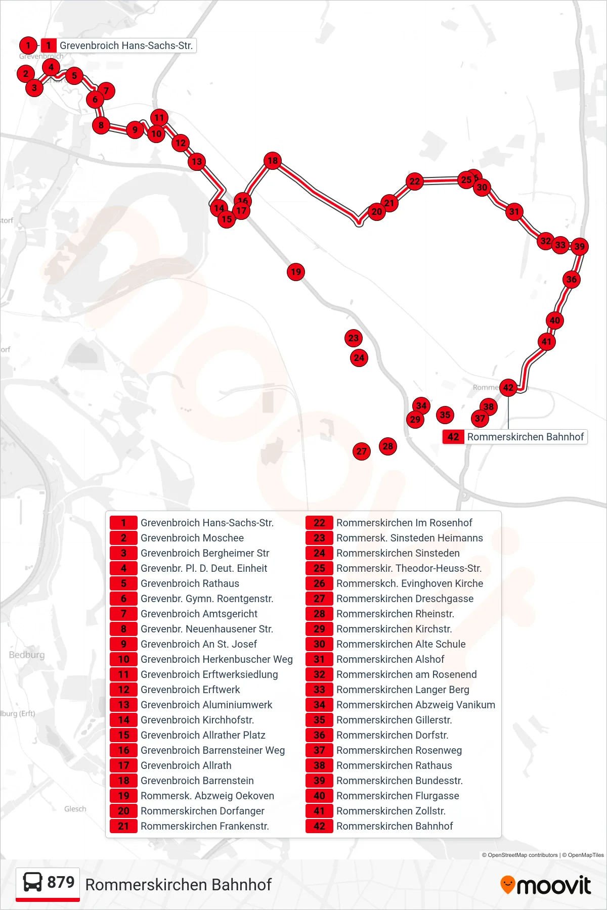 879 bus Line (Rommerskirchen Bahnhof) route and stops on a map