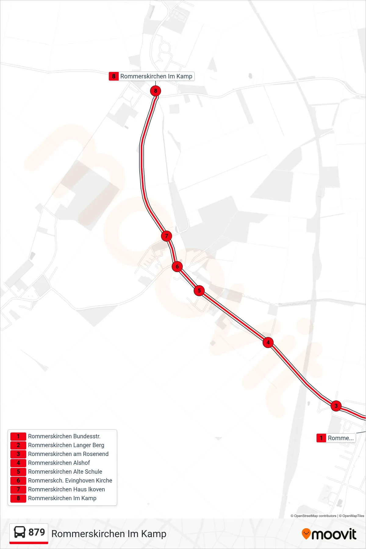 Linie 879 (Bus) Richtung Rommerskirchen Im Kamp: Route und Haltestellen auf der Karte