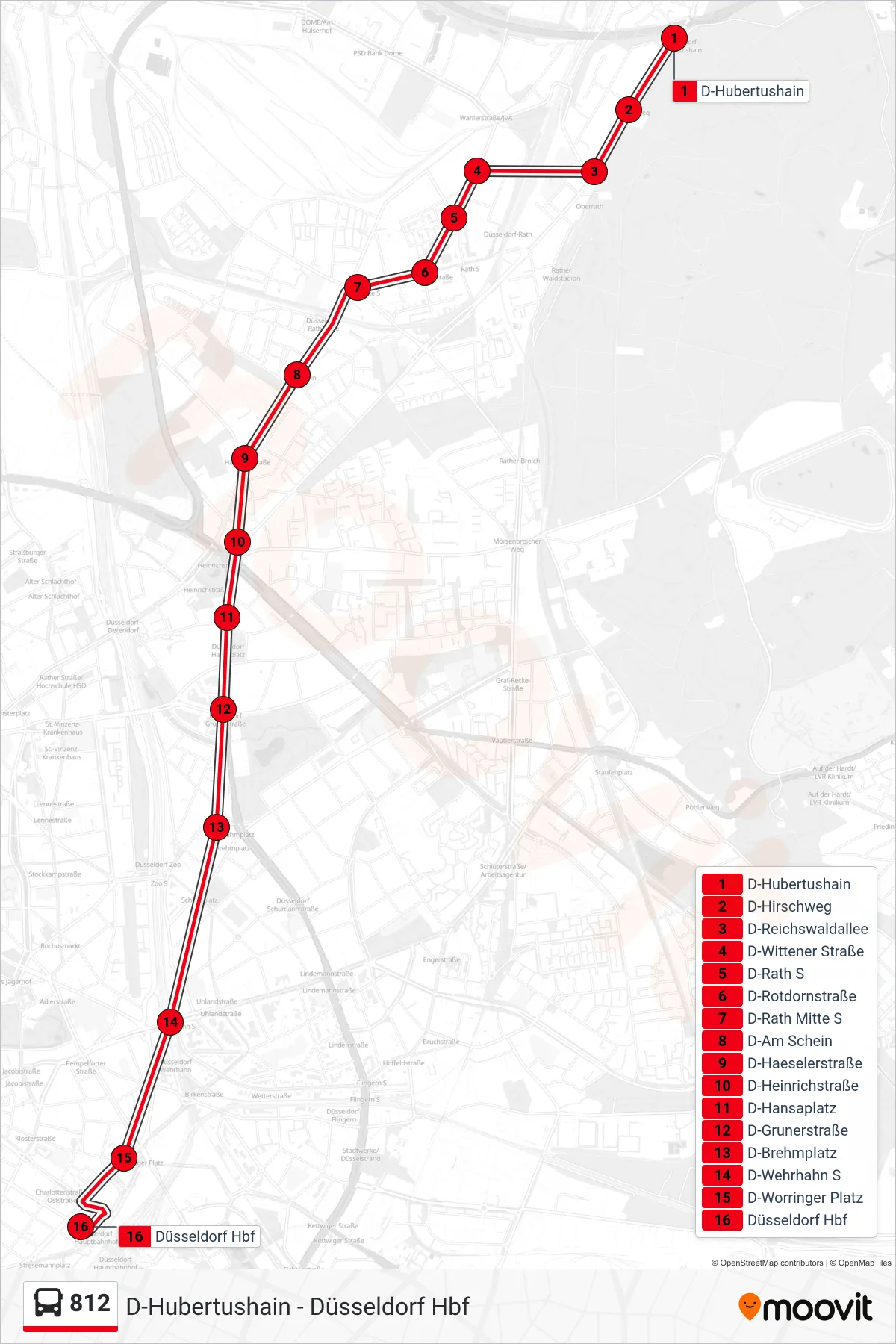 Linie 812 (Bus) Richtung Düsseldorf Hbf: Route und Haltestellen auf der Karte