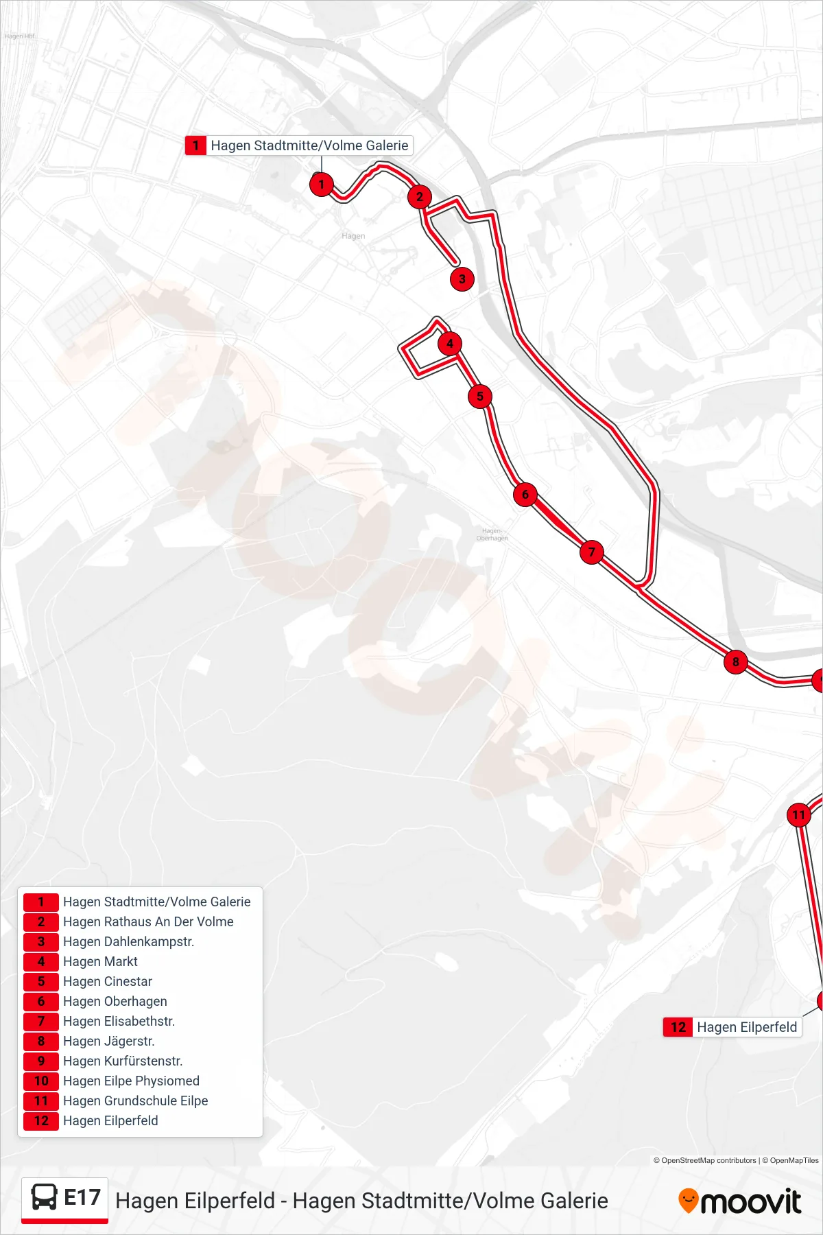 E17 bus Line (Hagen Eilperfeld) route and stops on a map