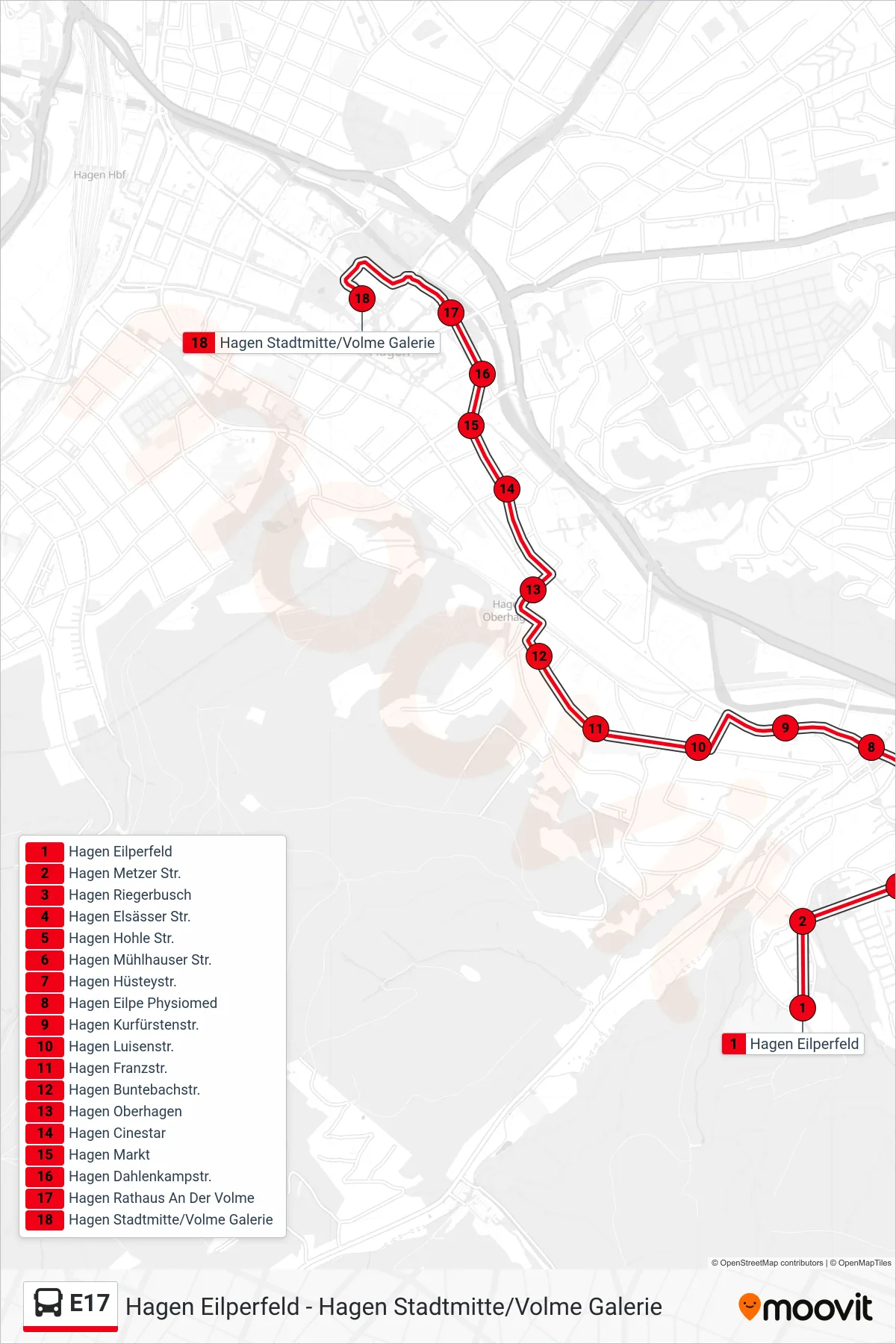 Linie E17 (Bus) Richtung Hagen Stadtmitte/Volme Galerie: Route und Haltestellen auf der Karte