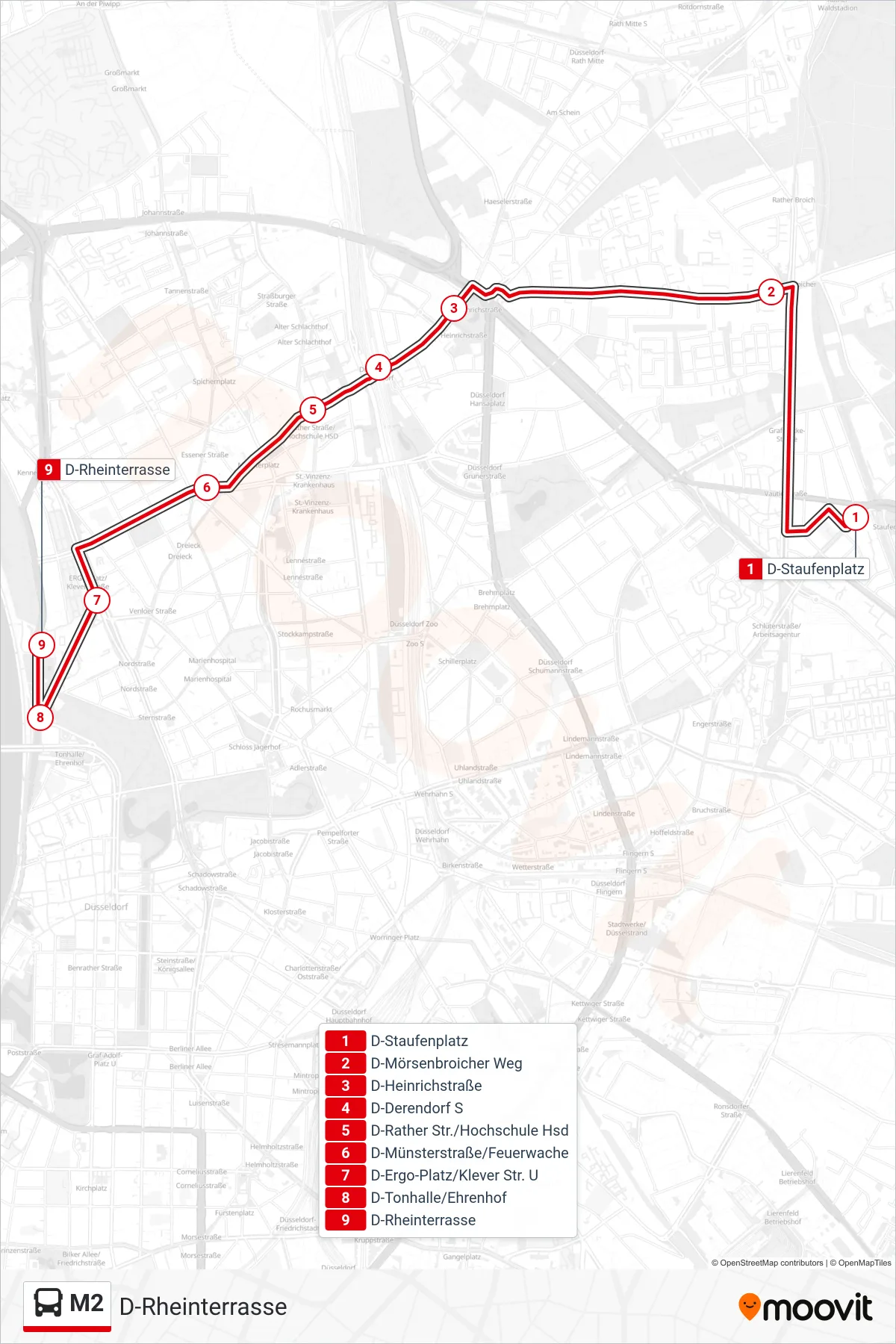 M2 bus Line (D-Rheinterrasse) route and stops on a map