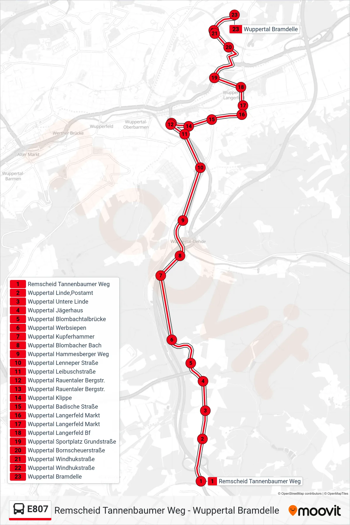 Linie E807 (Bus) Richtung Wuppertal Bramdelle: Route und Haltestellen auf der Karte
