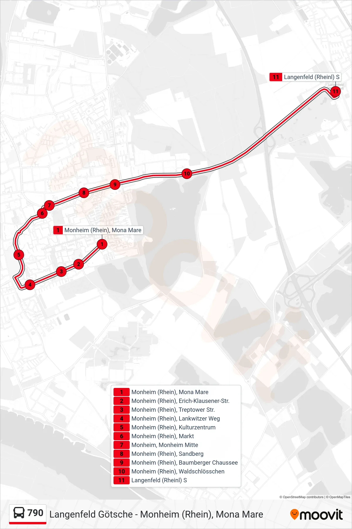 790 bus Line (Langenfeld (Rheinl) S) route and stops on a map