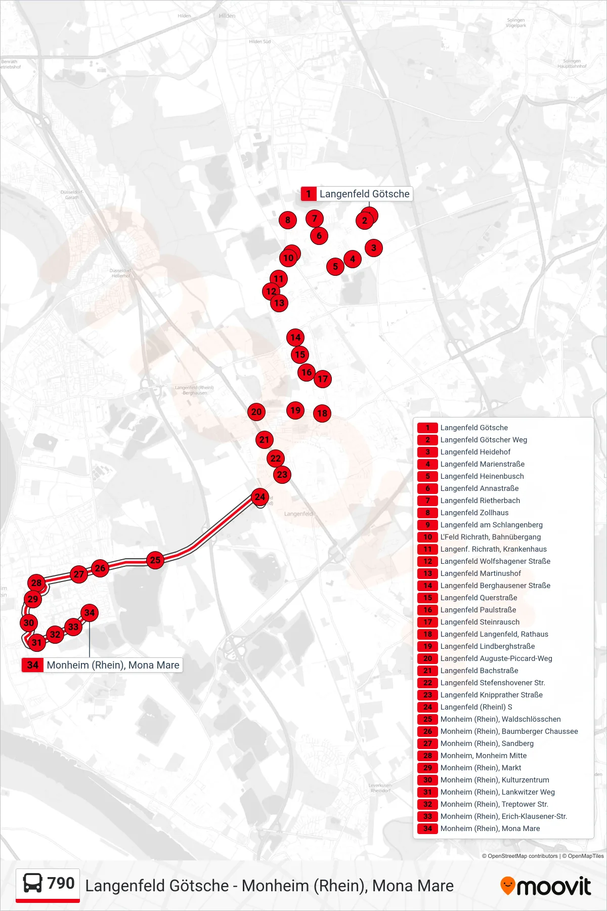 Linie 790 (Bus) Richtung Monheim (Rhein), Mona Mare: Route und Haltestellen auf der Karte