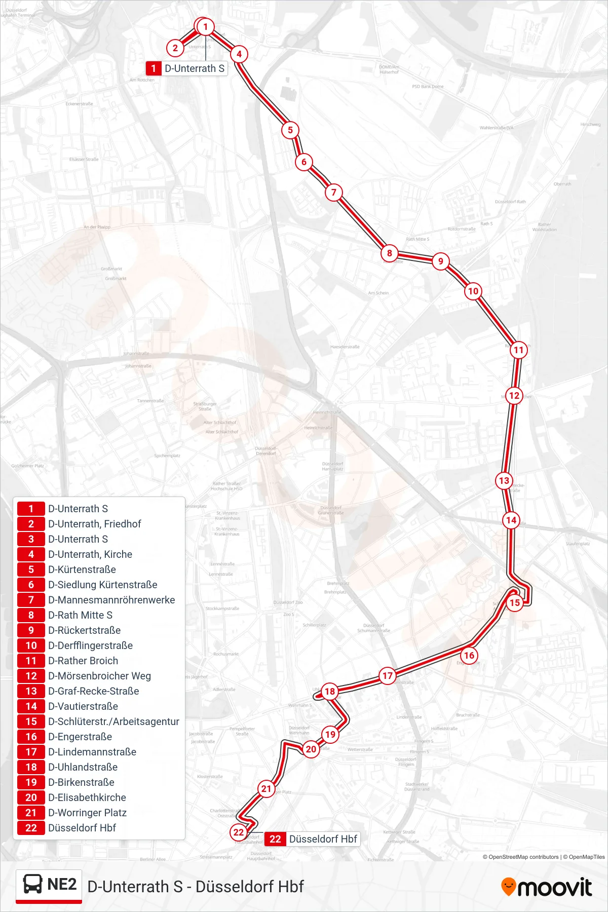 Linie NE2 (Bus) Richtung Düsseldorf Hbf: Route und Haltestellen auf der Karte