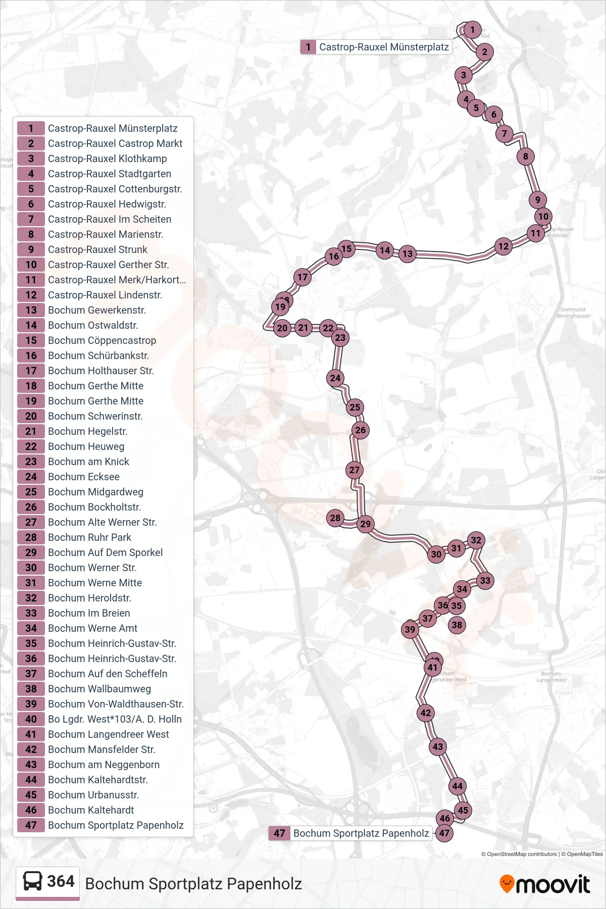 364 bus Line (Bochum Sportplatz Papenholz) route and stops on a map