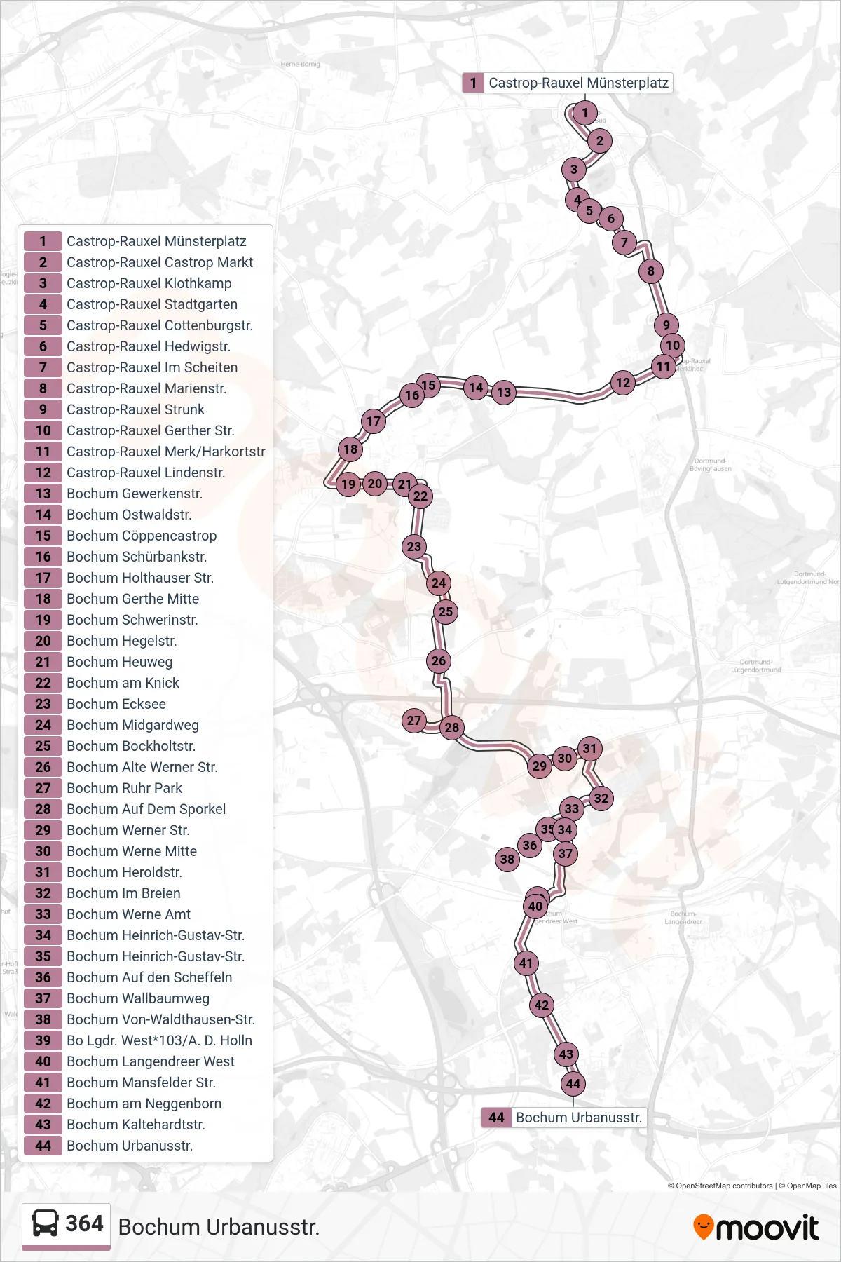 Linie 364 (Bus) Richtung Bochum Urbanusstr.: Route und Haltestellen auf der Karte