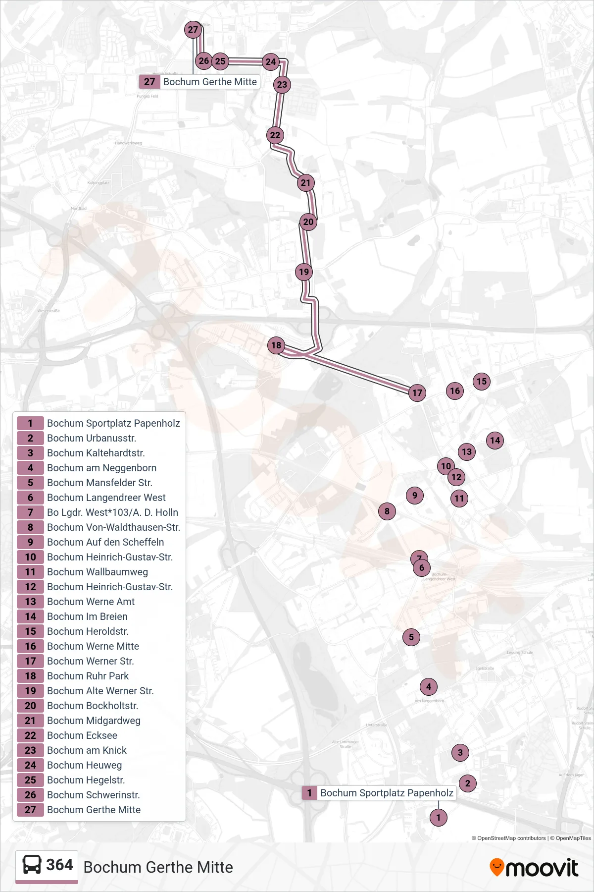 Linie 364 (Bus) Richtung Bochum Gerthe Mitte: Route und Haltestellen auf der Karte