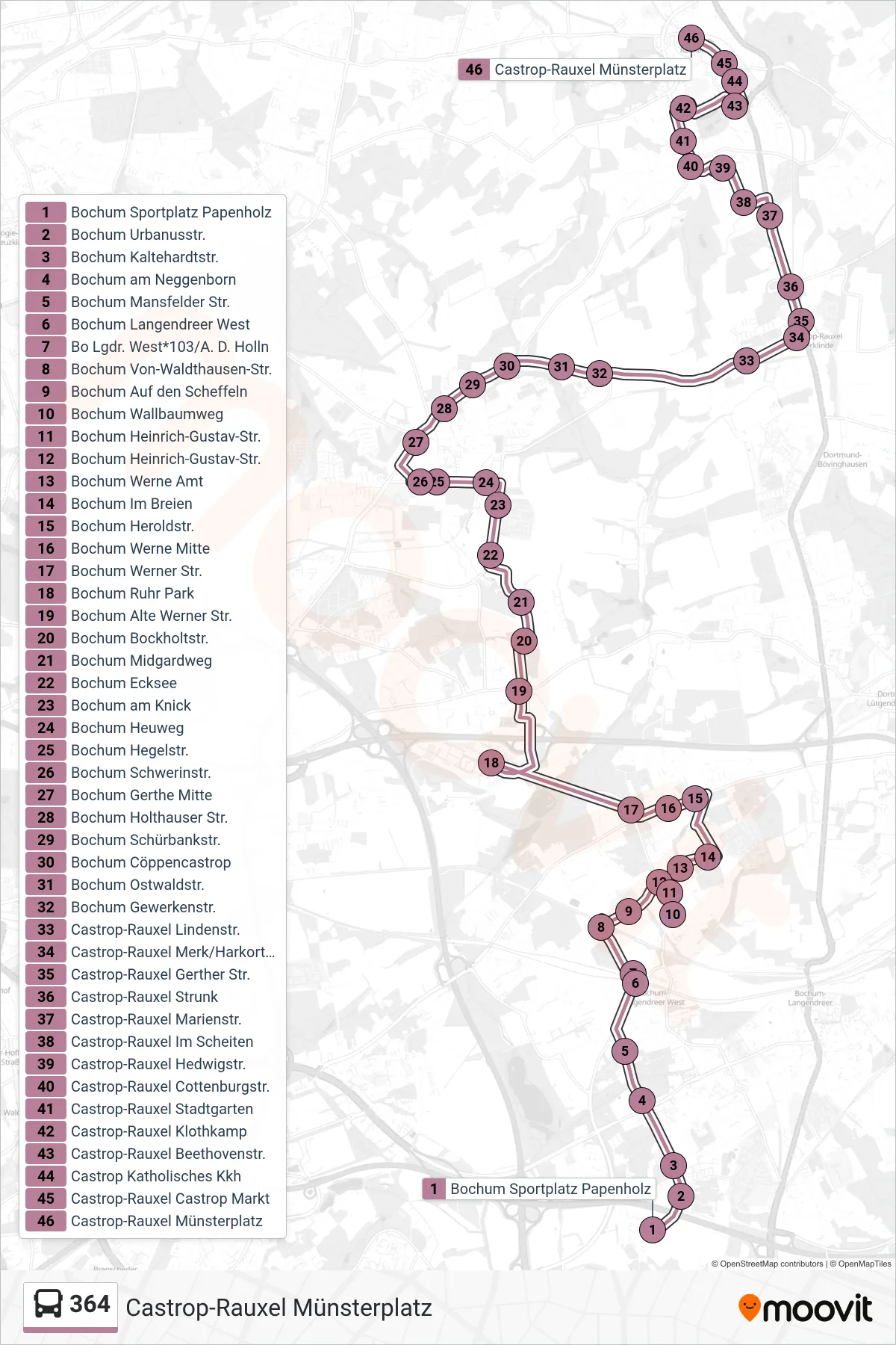 Linie 364 (Bus) Richtung Castrop-Rauxel Münsterplatz: Route und Haltestellen auf der Karte