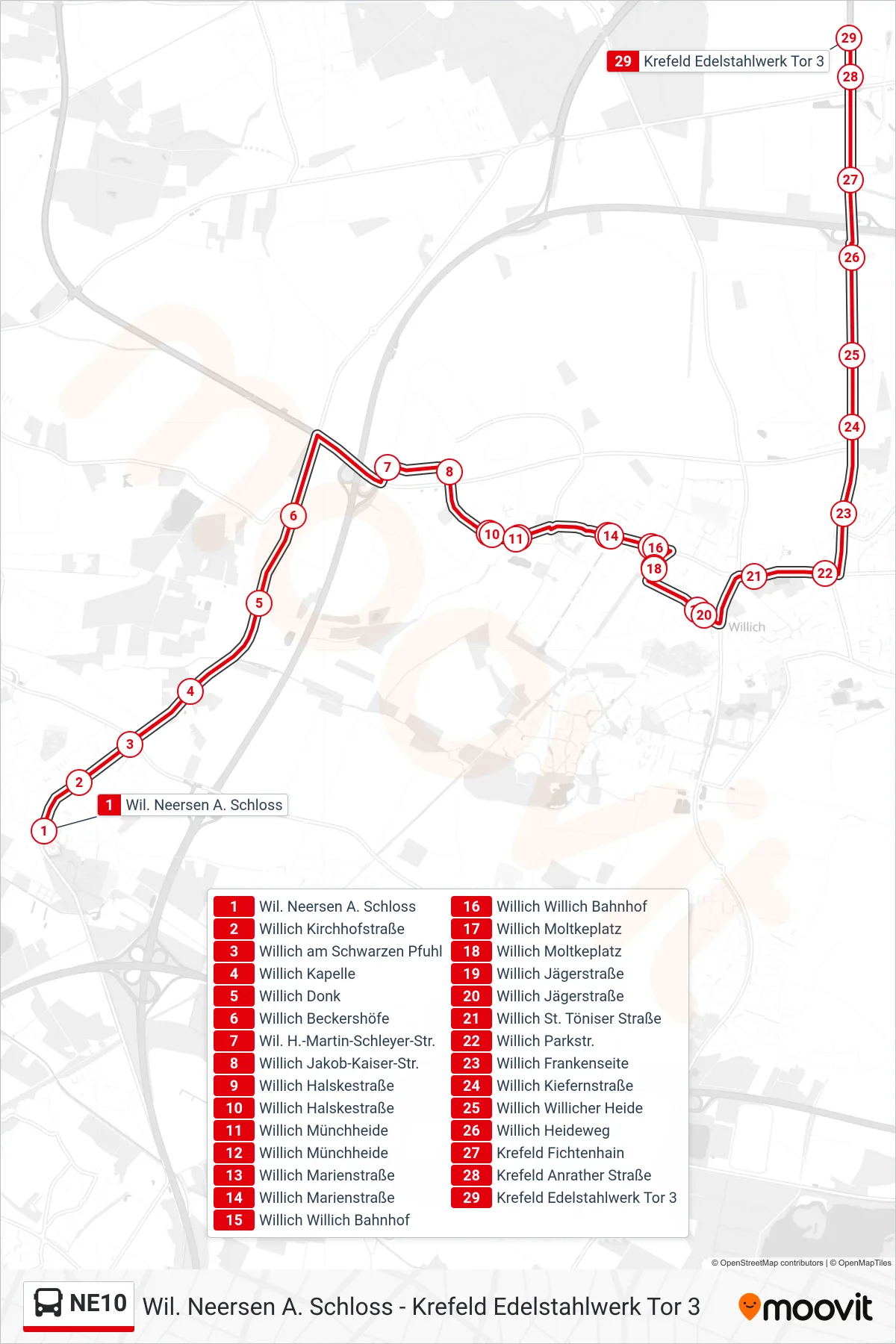 Linie NE10 (Bus) Richtung Krefeld Edelstahlwerk Tor 3: Route und Haltestellen auf der Karte