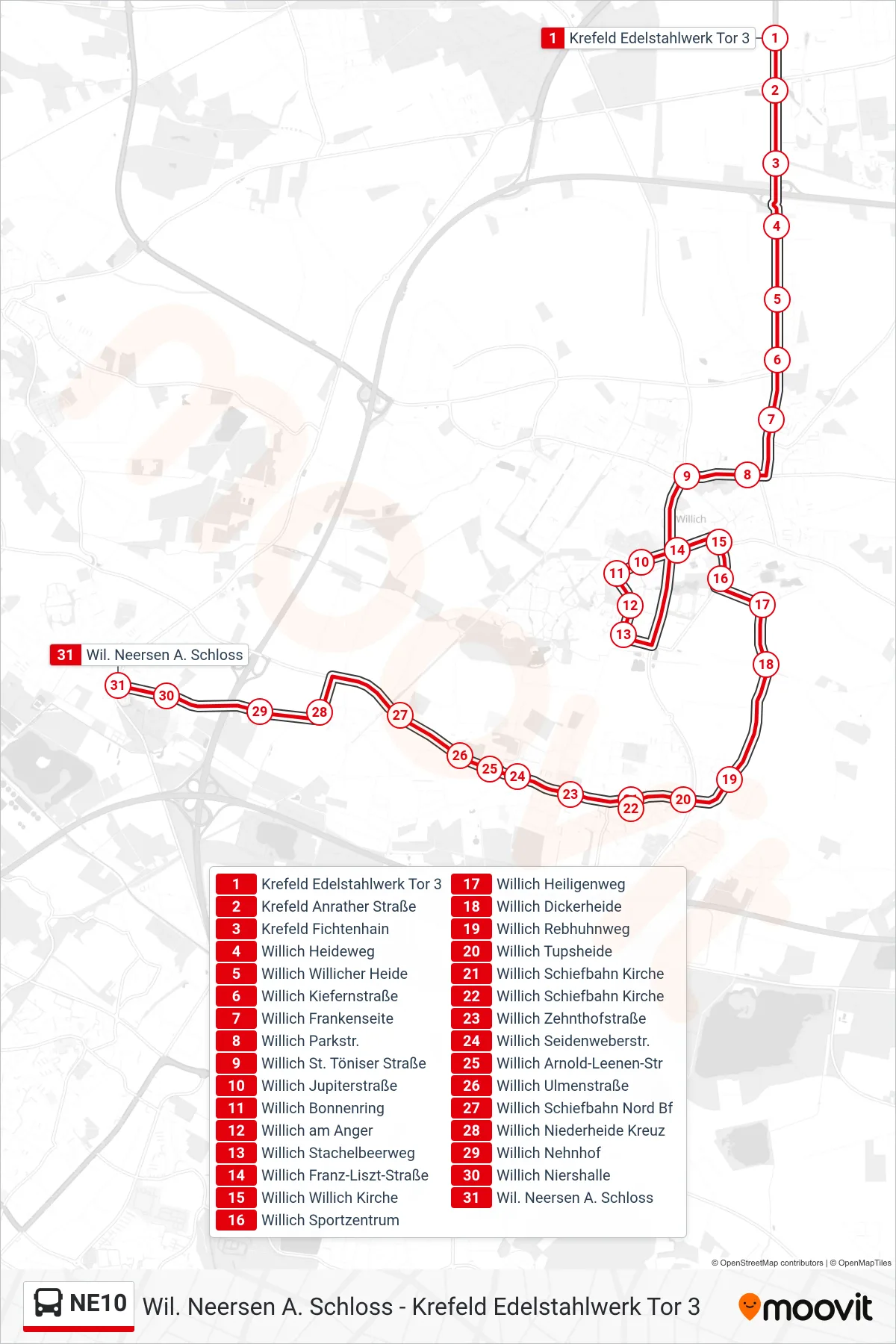 NE10 bus Line (Wil. Neersen A. Schloss) route and stops on a map