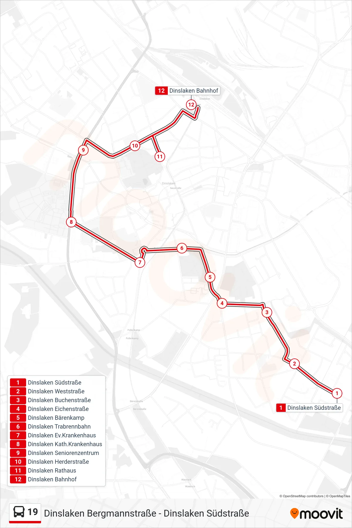 19 bus Line (Dinslaken Bahnhof) route and stops on a map