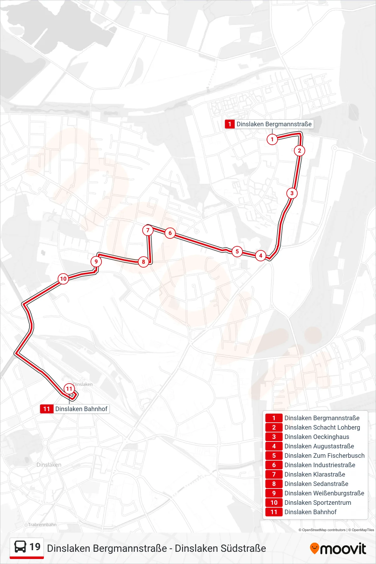19 bus Line (Dinslaken Bahnhof) route and stops on a map