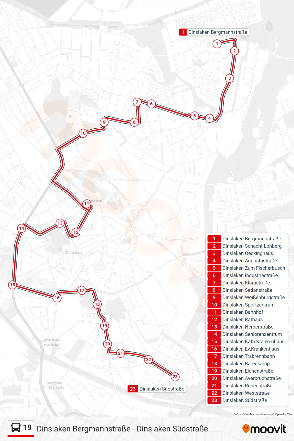 Linie 19 (Bus) Richtung Dinslaken Südstraße: Route und Haltestellen auf der Karte