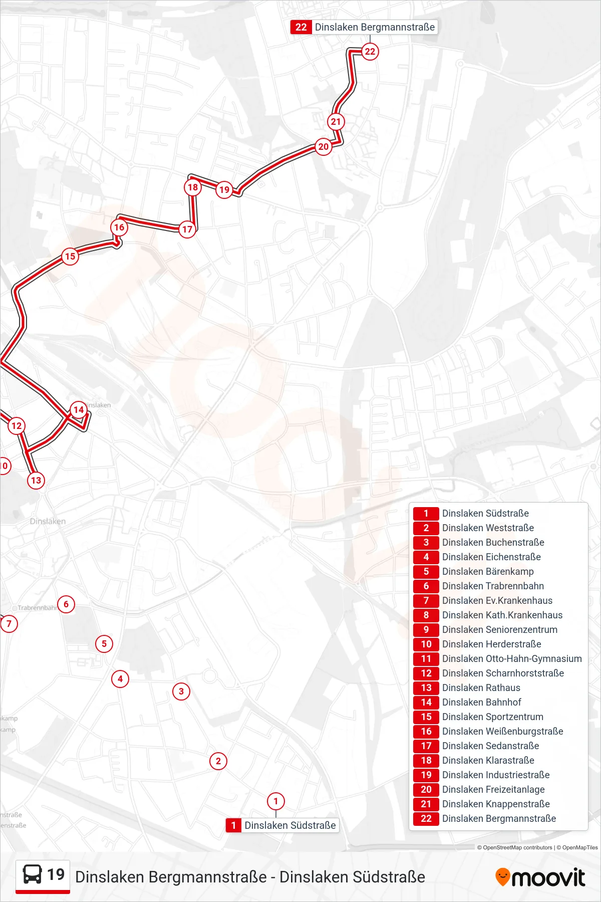 Linie 19 (Bus) Richtung Dinslaken Bergmannstraße: Route und Haltestellen auf der Karte