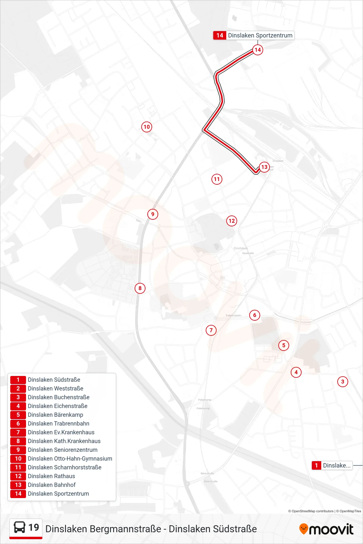 Linie 19 (Bus) Richtung Dinslaken Sportzentrum: Route und Haltestellen auf der Karte