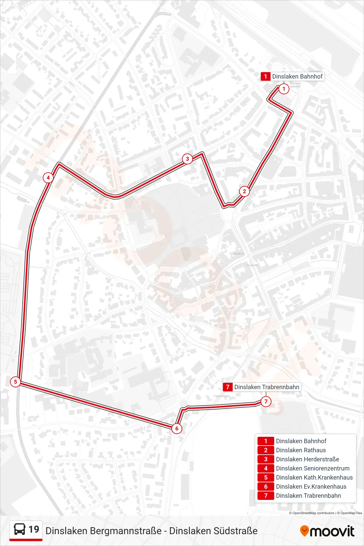 19 bus Line (Dinslaken Trabrennbahn) route and stops on a map
