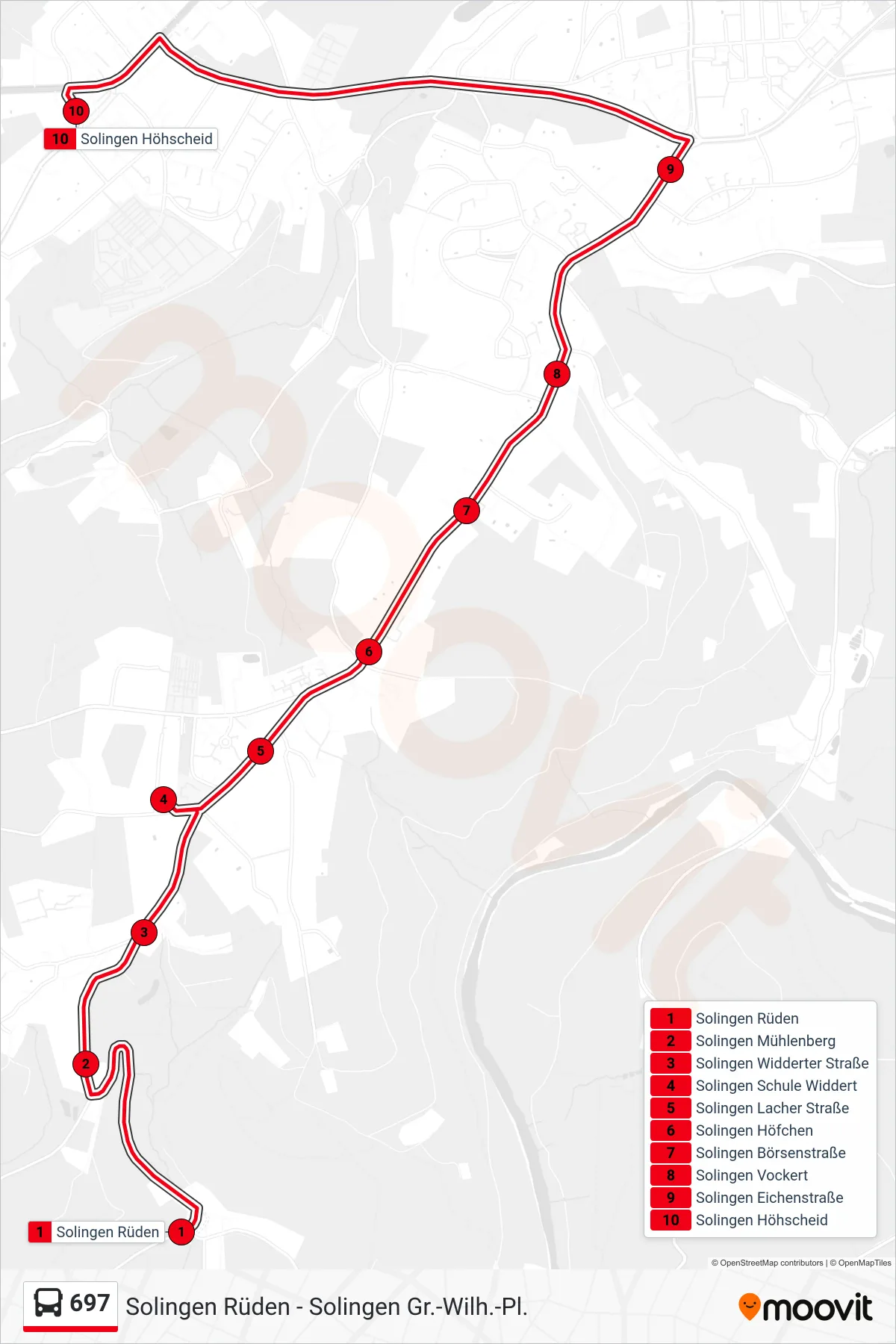 697 bus Line (Solingen Höhscheid) route and stops on a map