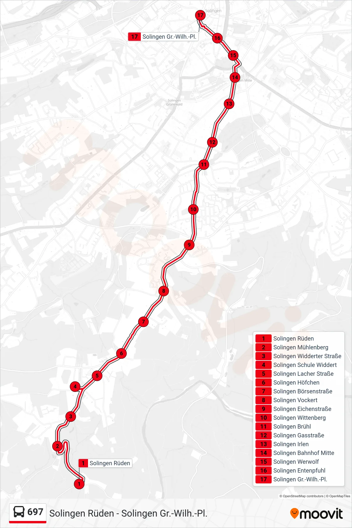 Linie 697 (Bus) Richtung Solingen Gr.-Wilh.-Pl.: Route und Haltestellen auf der Karte