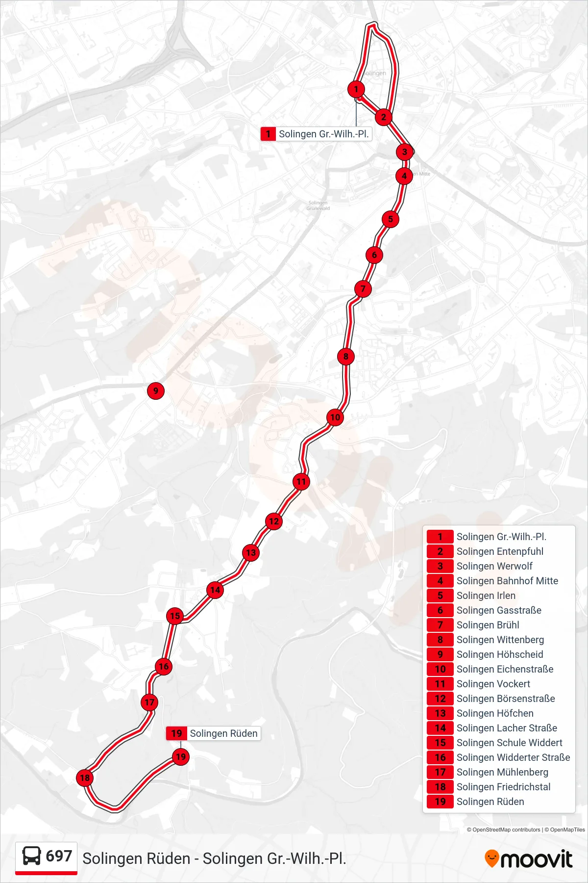 Linie 697 (Bus) Richtung Solingen Rüden: Route und Haltestellen auf der Karte