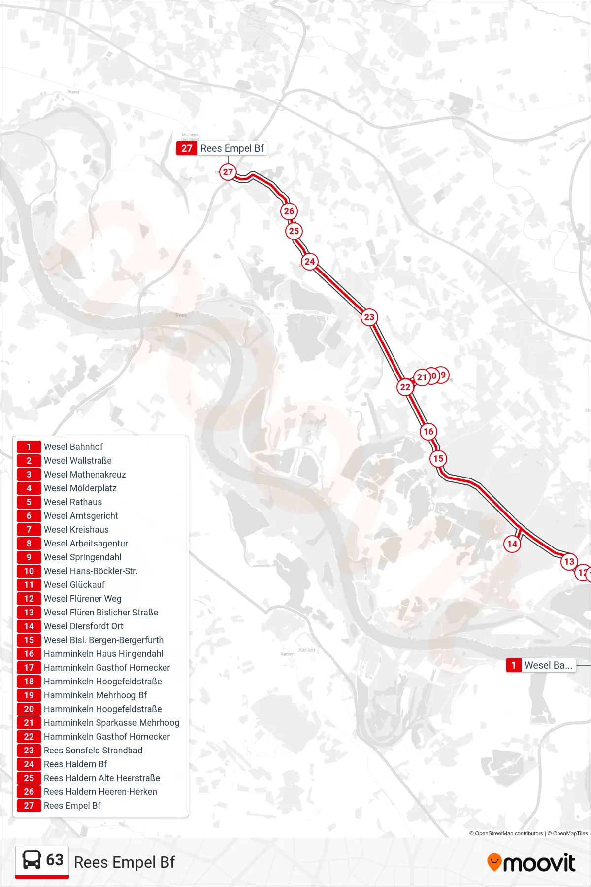 Linie 63 (Bus) Richtung Rees Empel Bf: Route und Haltestellen auf der Karte