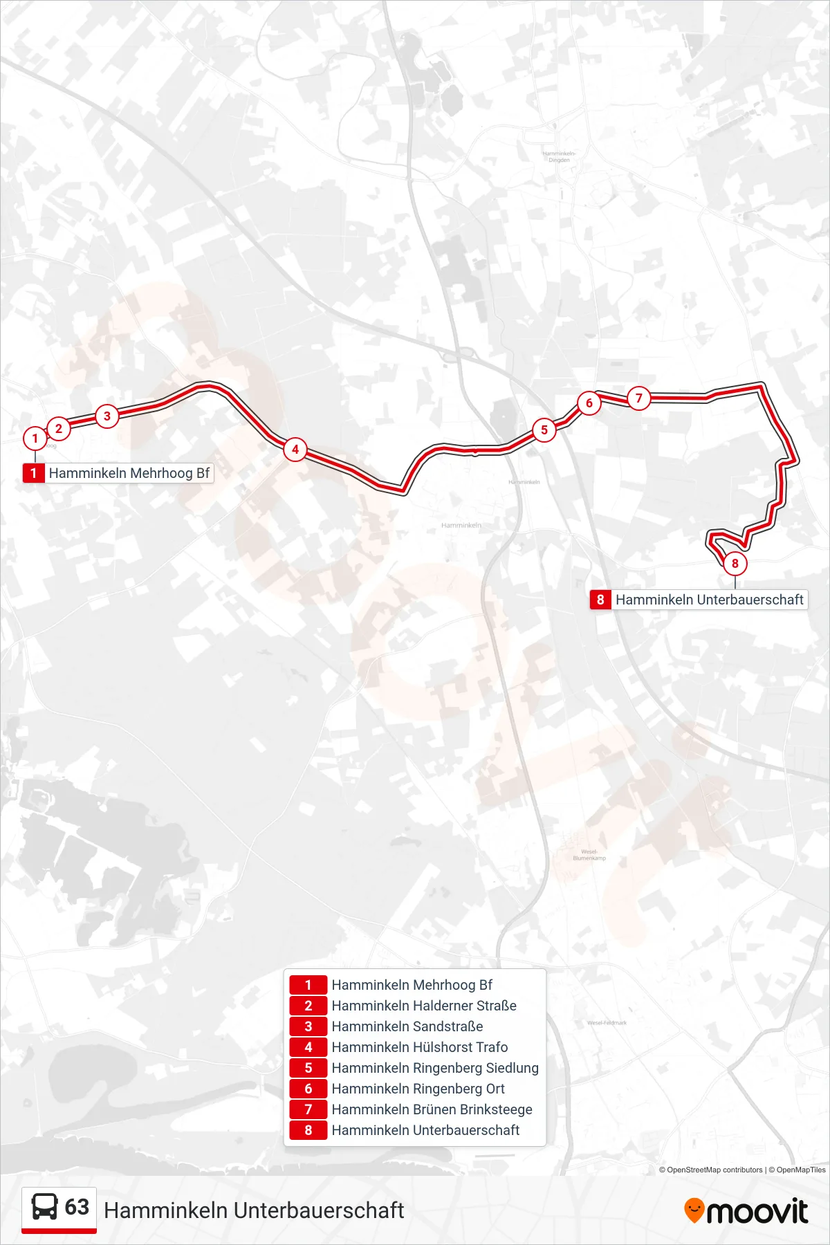 Linie 63 (Bus) Richtung Hamminkeln Unterbauerschaft: Route und Haltestellen auf der Karte