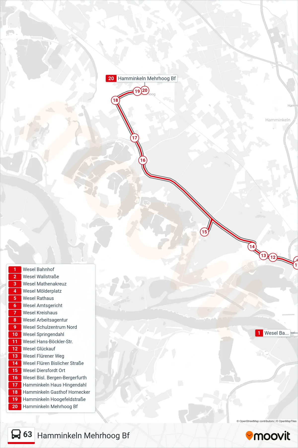 Linie 63 (Bus) Richtung Hamminkeln Mehrhoog Bf: Route und Haltestellen auf der Karte