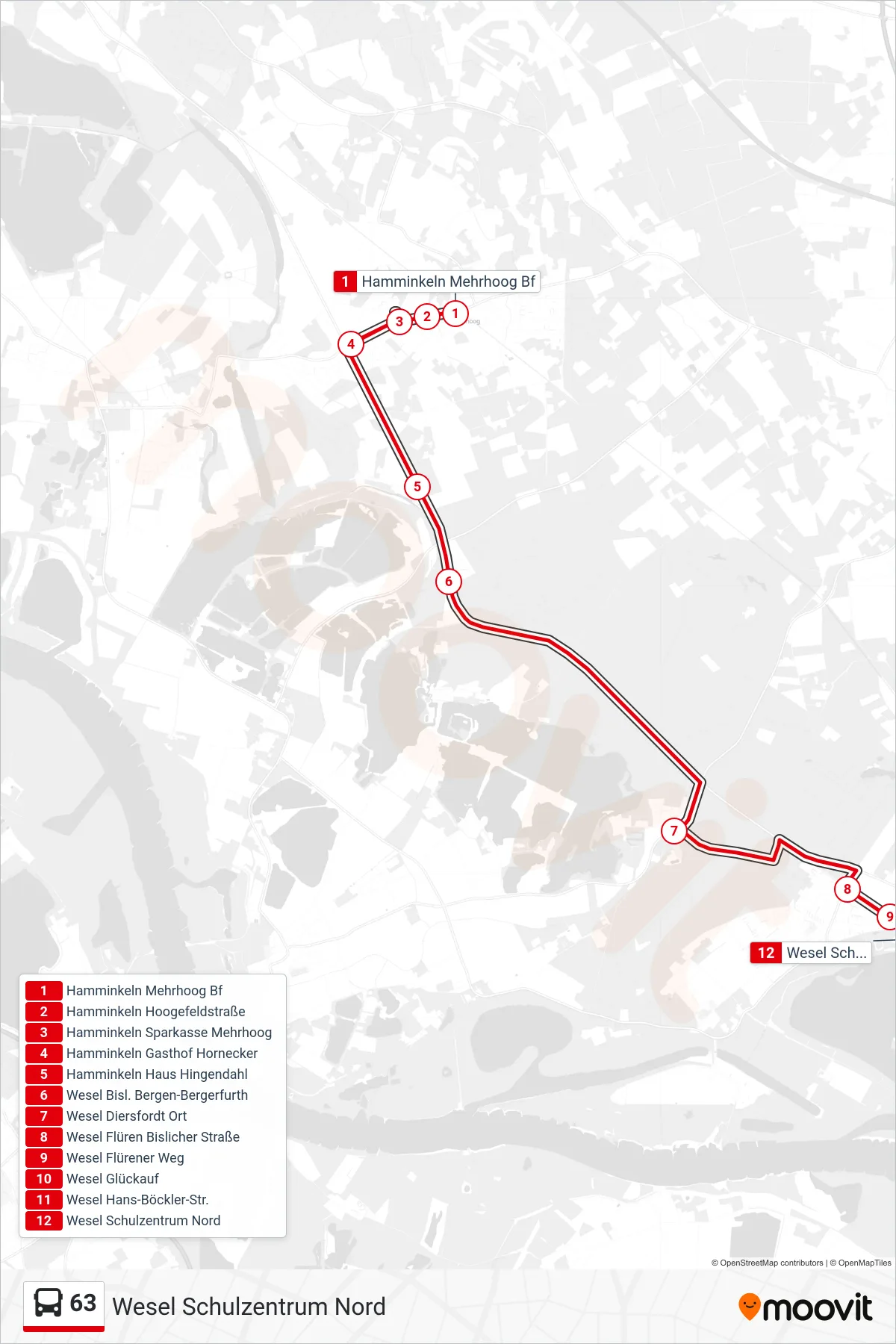 Linie 63 (Bus) Richtung Wesel Schulzentrum Nord: Route und Haltestellen auf der Karte